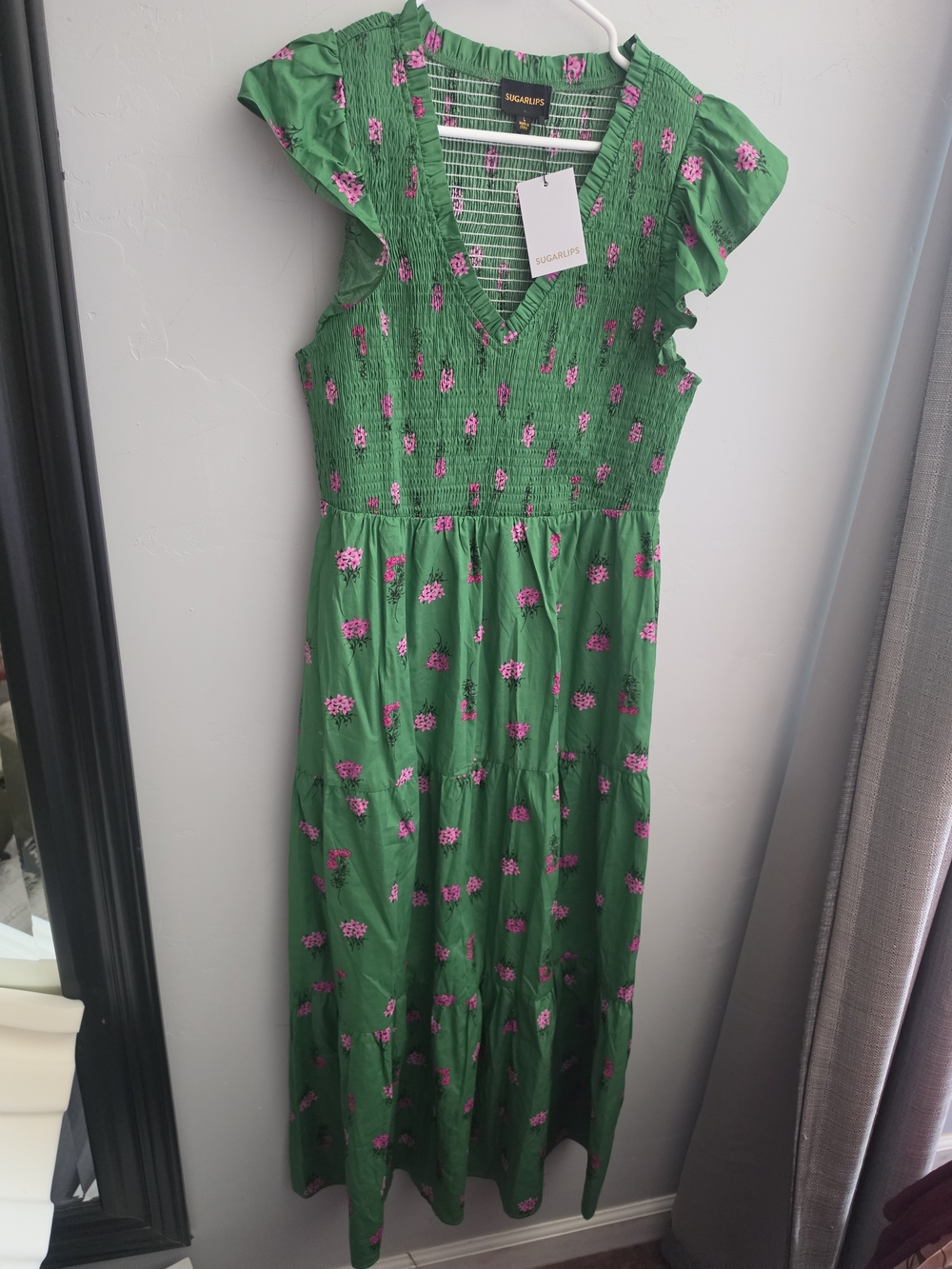 Sugarlips Green Maxi Dress with Pink Floral Print